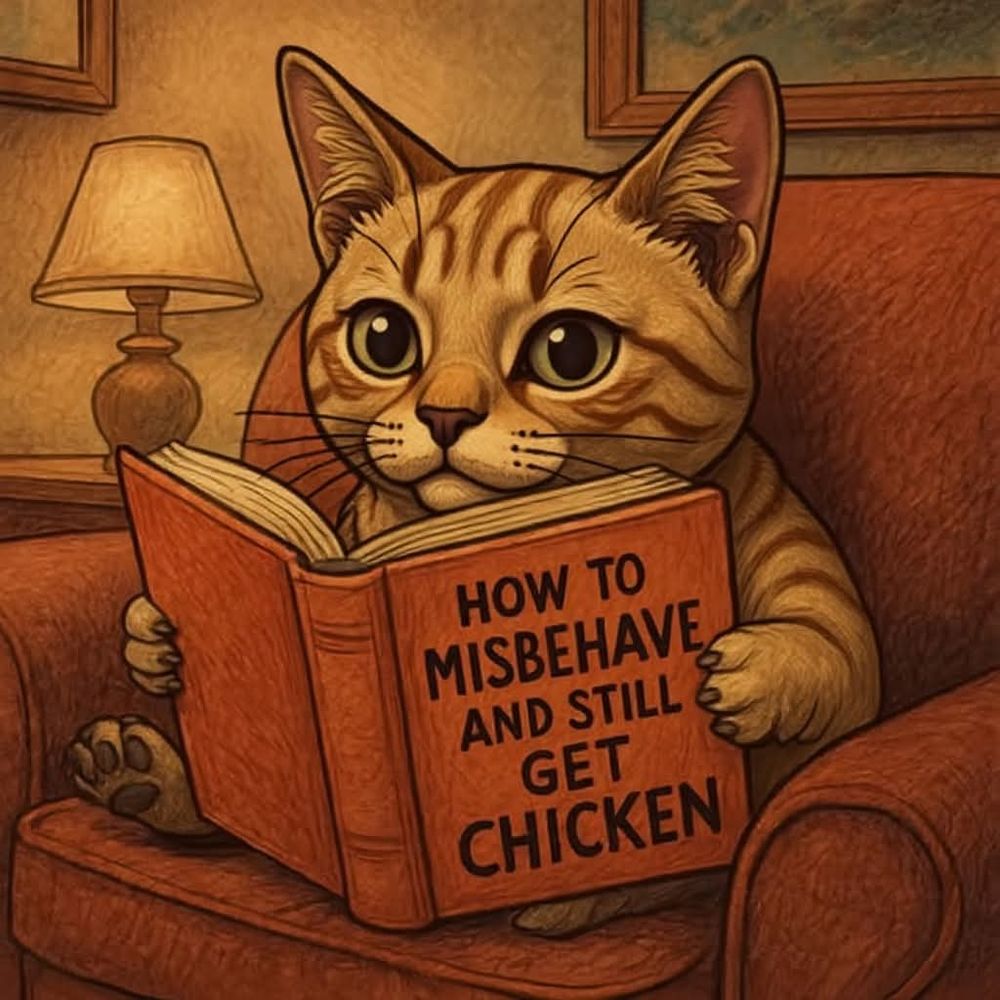 Cute cat reading a book called, "How to Misbehave and Still Get Chicken" 