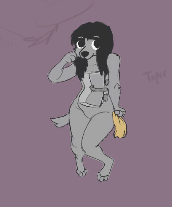 a digital drawing of sinkdog (a dog whos a sink!). theyre floating in a backgroundless void daintily, knees together, with a paw raised to their snout. they are looking sideways at  something. their iconic yellow dishrag is held in their offpaw, down by their hip. the sink in their torso is currently empty, ready for dishes!