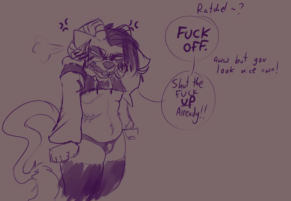 a ferret with glasses and ram-style horns scrunches their shoulders up in embarrassment. blushing, they appear upset and flustered. "ratchel~?" someone asks offscreen. "FUCK OFF." they spit back. "aww but you look nice =w=!" says the offscreen voice again. "Shut the fuck UP already!!" ratchel chips back, clearly getting redder in her cheeks than before.