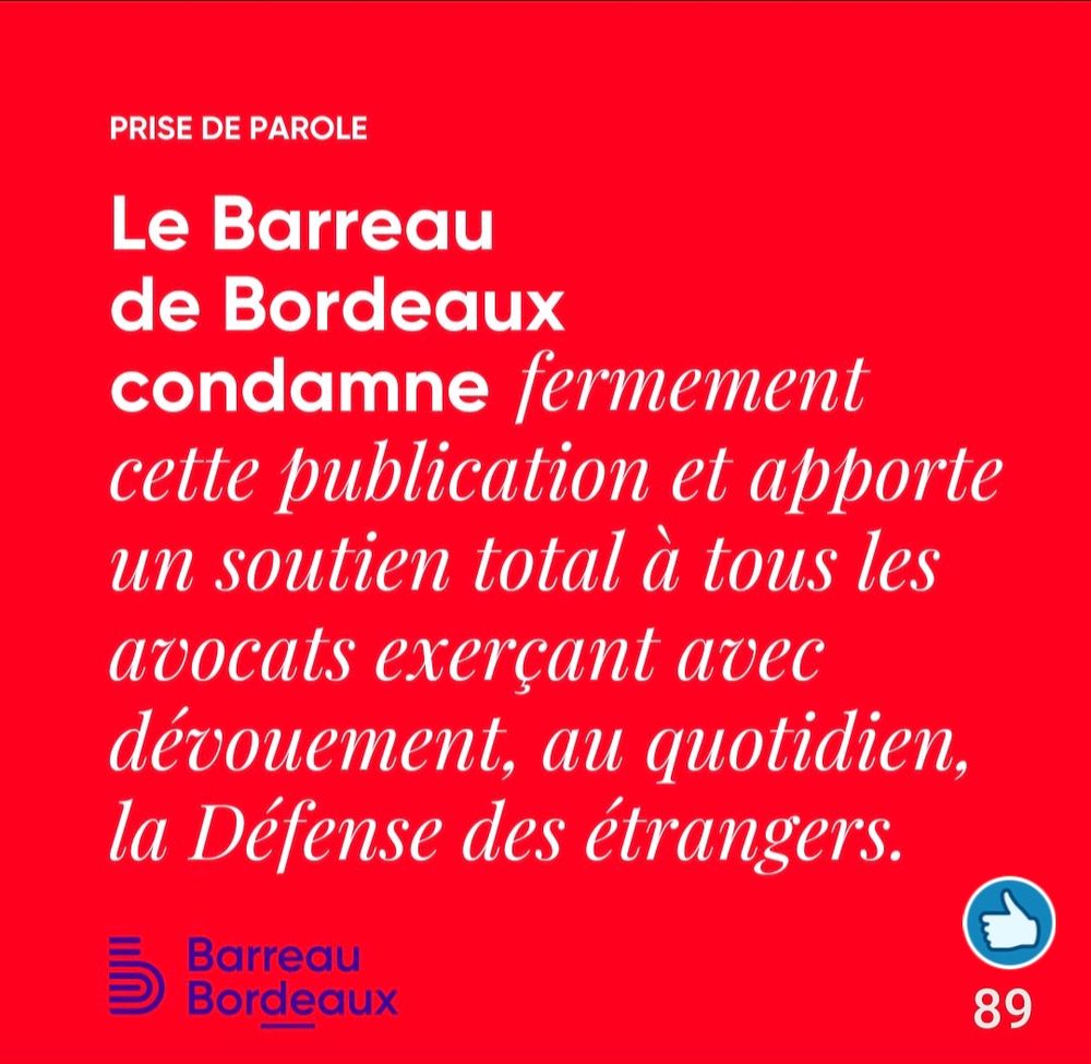 Barreau de Bordeaux CP publication invasion migratoire et liste d'avocats 