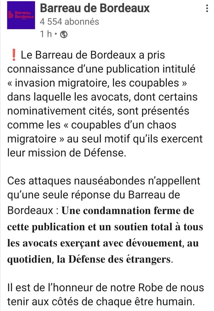 Barreau de Bordeaux CP publication invasion migratoire et liste d'avocats 