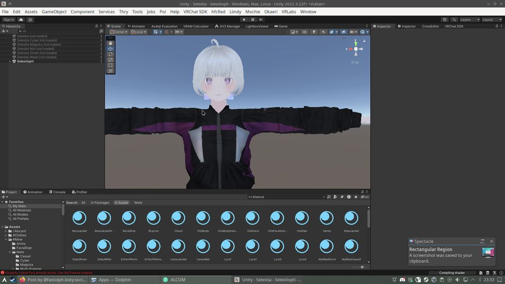 Screenshot of my VRChat avatar opened in Unity on Linux. Currently being rendered with Vulkan, now all the important stuff is back and I can probably actually use this.