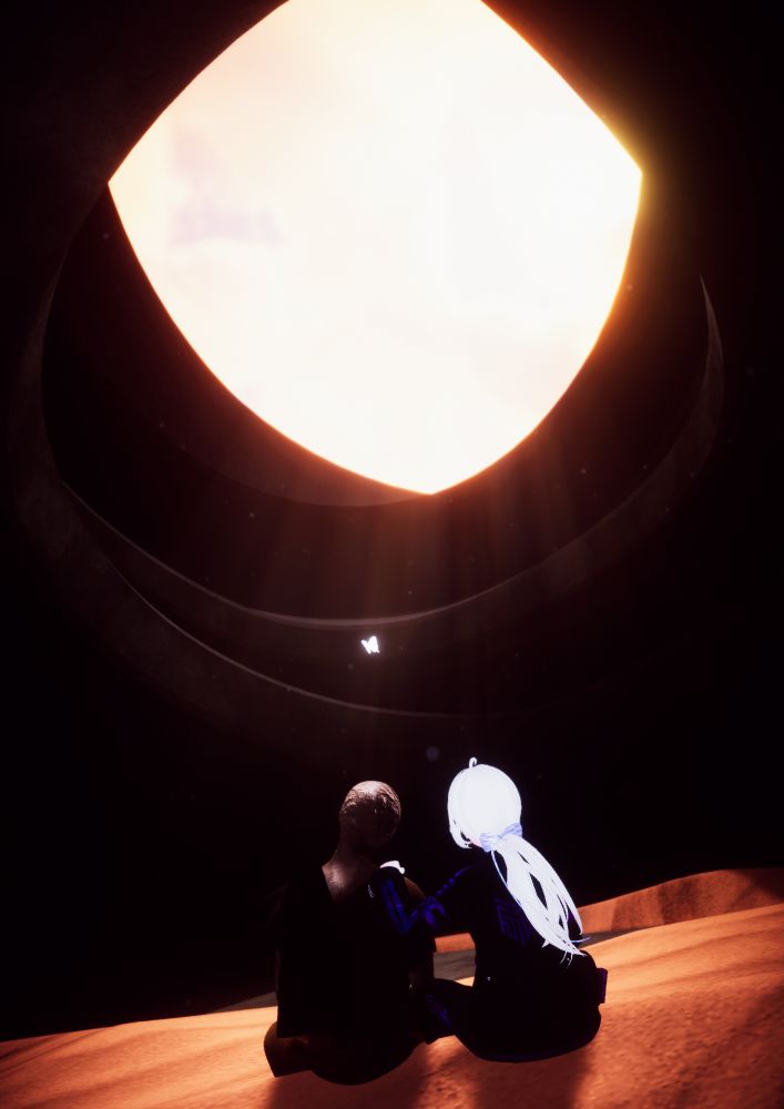 My avatar is sitting next to and putting her hand on the shoulder of a corpse, in some sort of cave that doesn't seem natural with a big, bright, rounded square opening, looking at a bufferfly being lit by the outside light