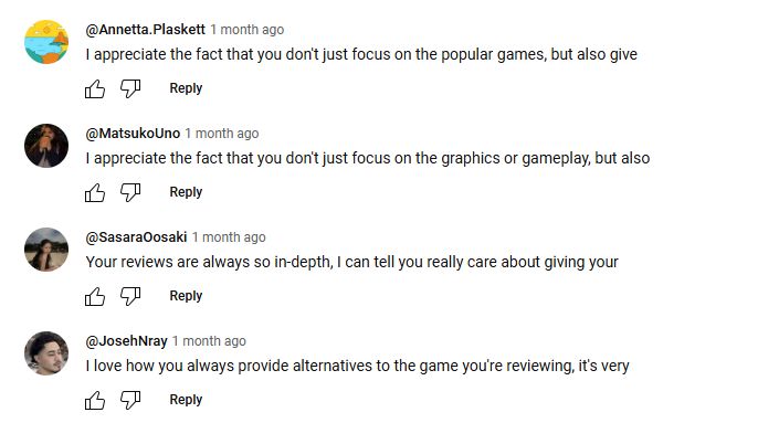 four comments on youtube that are cut off halfway through a sentence