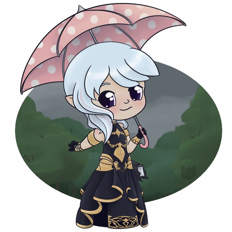 A chibi drawing of a FFXIV lalafel with light blue hair and purple eyes, holding a pink umbrella with white polka dots. She is wearing a blue and gold summoner robe, and smiling.