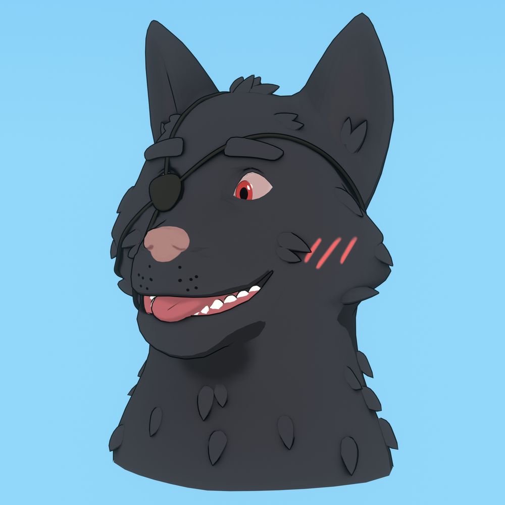 Alon, a furry wolf from the visual novel Shelter, smiling and blushing with his tongue out