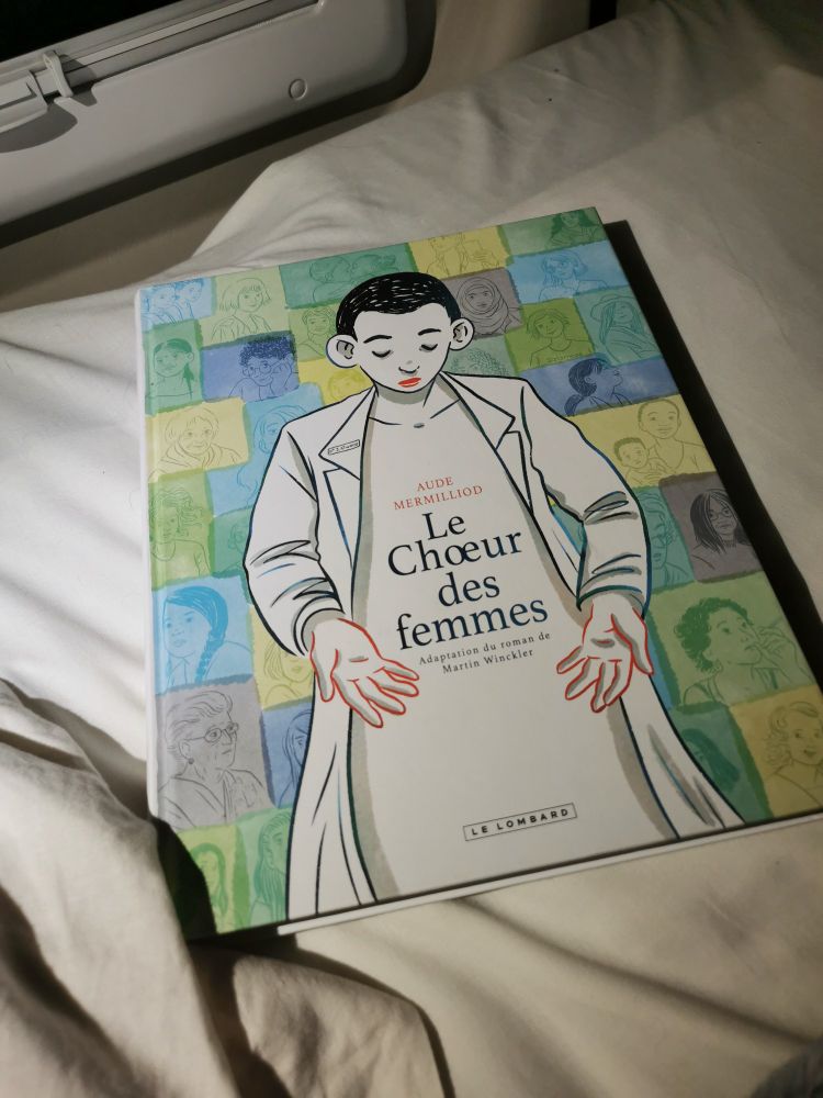 Couverture de la BD "Le Chœur des femmes", d'Aude Mermilliod, basée sur le roman éponyme de Martin Winckler.

Un personnage en blouse blanche, les cheveux noirs et courts semblent ouvrir ses mains et son cœur autour du titre et du nom de l'autrice écrit au centre. Le fond est fait des rectangle gris, verts, bleus, jaunes, dans lesquels sont dessinés des portraits de femmes dans toute leur diversité.