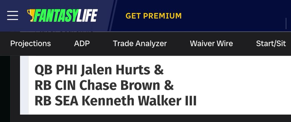 Fantasy Life Scott Fish Bowl Tool screenshot 

QB PHI Jalen Hurts & 
RB CIN Chase Brown &
RB SEA Kenneth Walker III