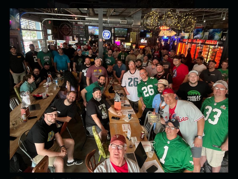 People from the five Scott Fish Bowl 15 Philly Live divisions gather for a photo 