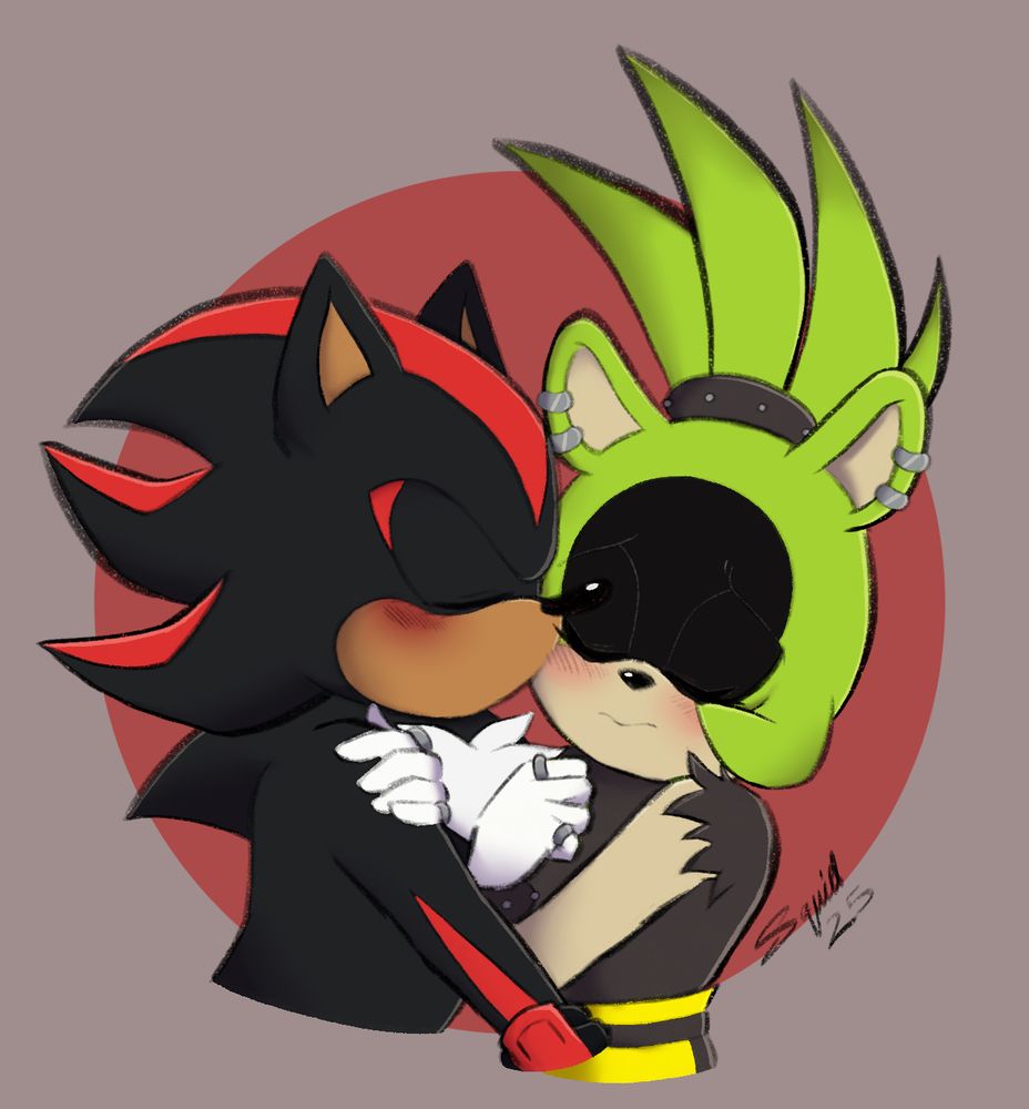 Shadow is kissing Surge on the cheek, both of their eyes are closed and their cheeks are flushed