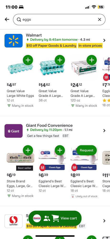 Screenshot from Instacart, various egg prices, Walmart at $4.97, Giant at $6.19