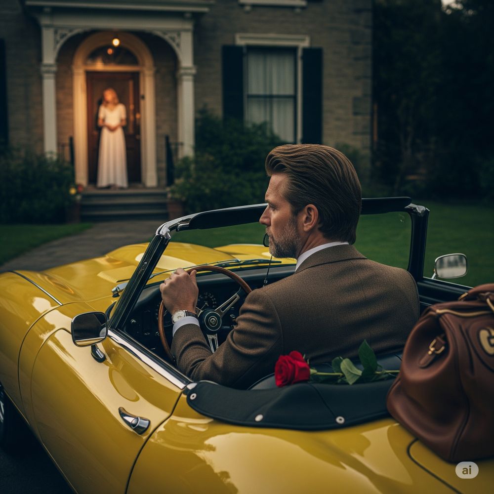 AI-generated image of a man driving a yellow sports car with one red rose and a Gladstone bag in it