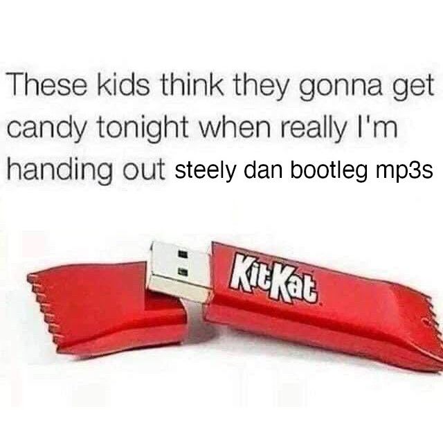 Picture of a KitKat shaped USB drive. The caption reads: these kids think they gonna get candy tonight when really I’m handing out Steely Dan bootleg MP3’s.