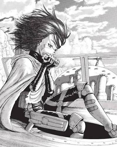 Alita, an android, sitting on top of train, playing the harmonica. She's looking down at her knees, with sad eyes.