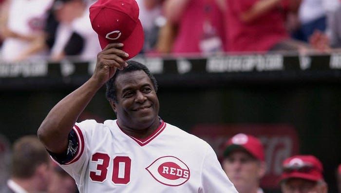 Ken Griffey Sr. doffs his Reds cap to the crowd as he is introduced to the Cincinnati Reds fans. 