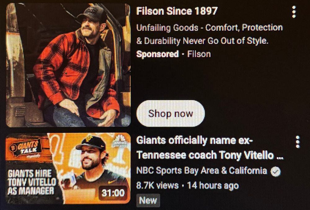 Two pictures one above the other. Top is a photo of a man with a mustache in a Filson clothing ad. He looks similar to the man in the photo below...new San Francisco Giants coach Tony Vitello, a man with a mustache and beard.