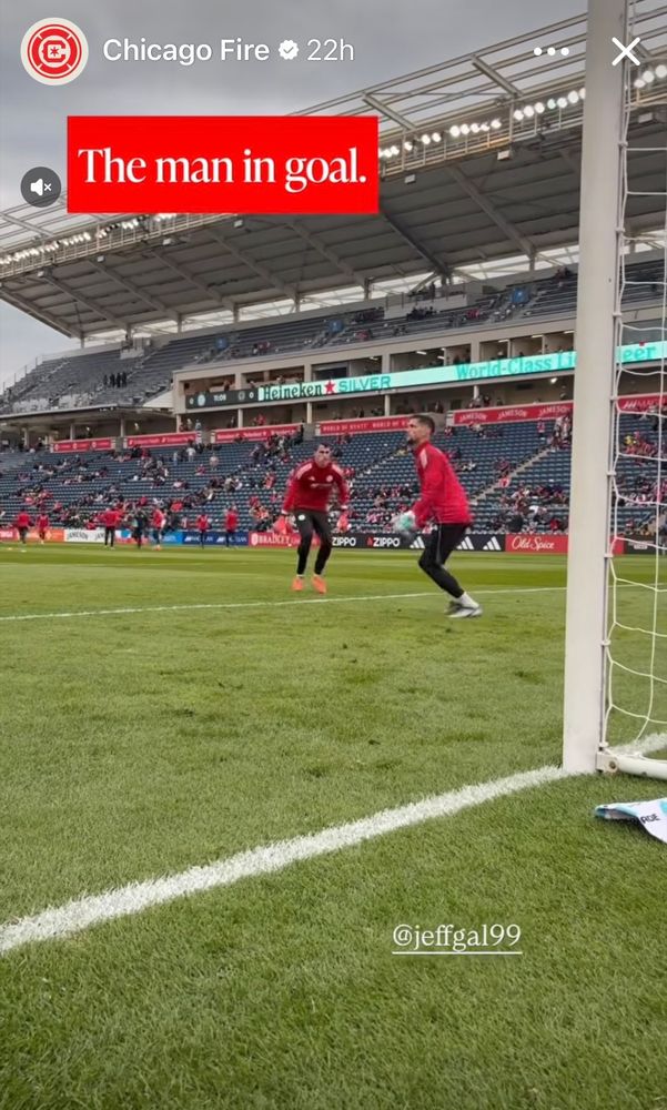 Chicago fire Facebook post showing goalkeeper Jeff Gal in a red training top on the field pregame