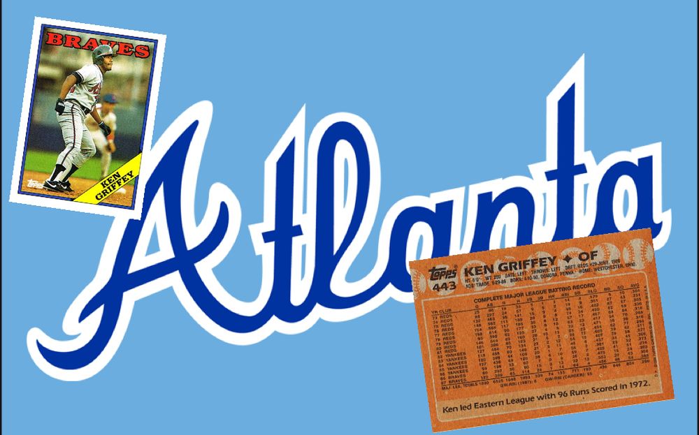 Image with Atlanta script logo and the 1988 Ken Griffey Sr. Card front and back with his career stats. 
