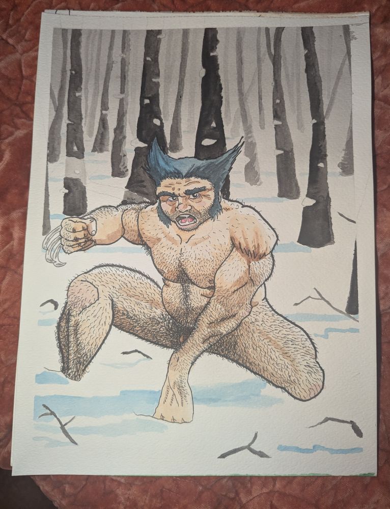 Wolverine from the X men, naked and hairy in the snow