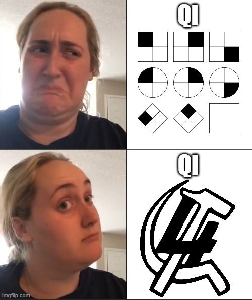 Kombucha meme, un meme en deux temps :
1) Une femme réagit d'un air dégoûté à QI (quotient intellectuel).
2) La même femme réagit d'un air intrigué à QI (Quatrième Internationale).