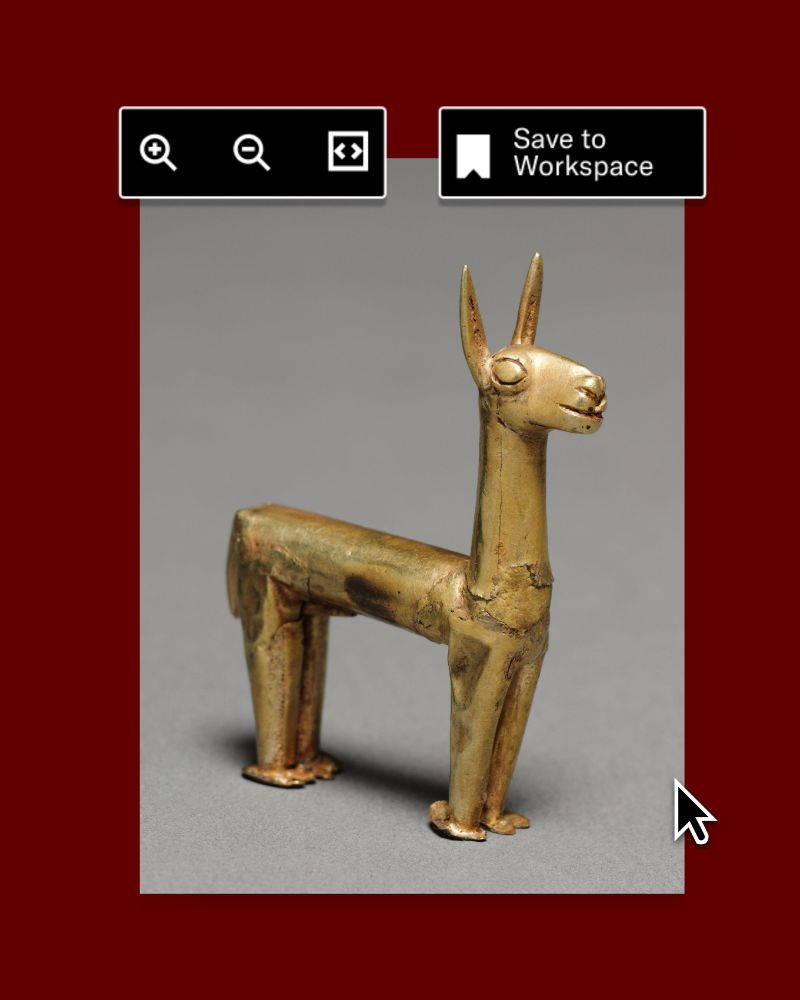 Photograph of an ancient Llama statuette depicting a standing golden gazelle, displayed against a red background of JSTOR's Workspace interface.
