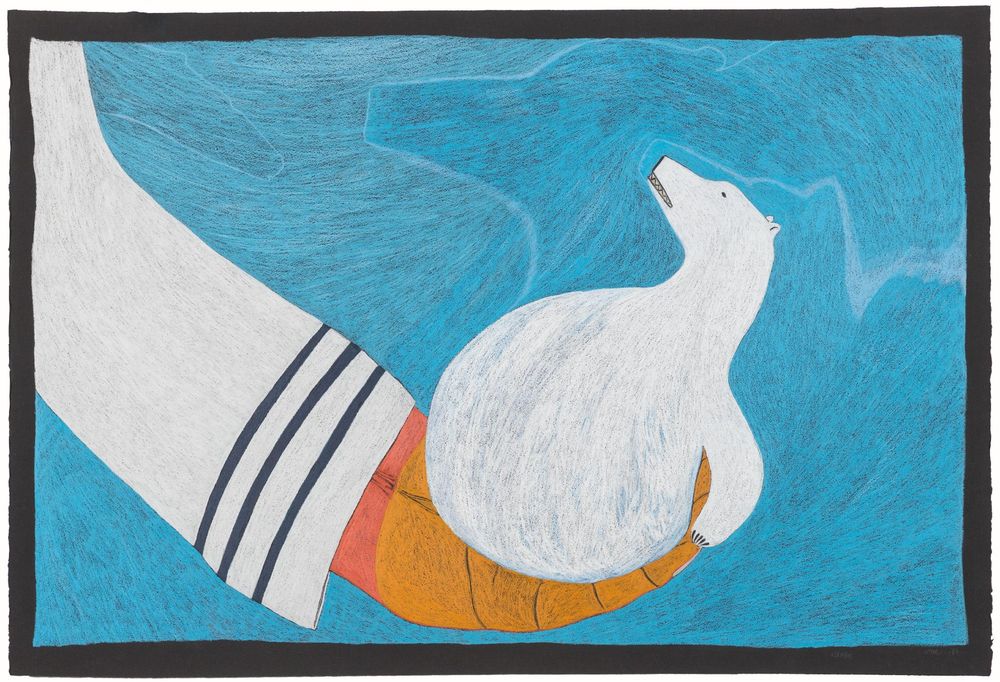 Kiakshuk's Polar Bear by a Canadian artist Teevee, Ningiukulu. Illustration of a white polar bear being gently held in a gloved orange hand. The hand emerges from a white-sleeved arm with dark blue stripes, set against a swirling, textured blue background. The style is bold and graphic, with colored pencil-like textures.
