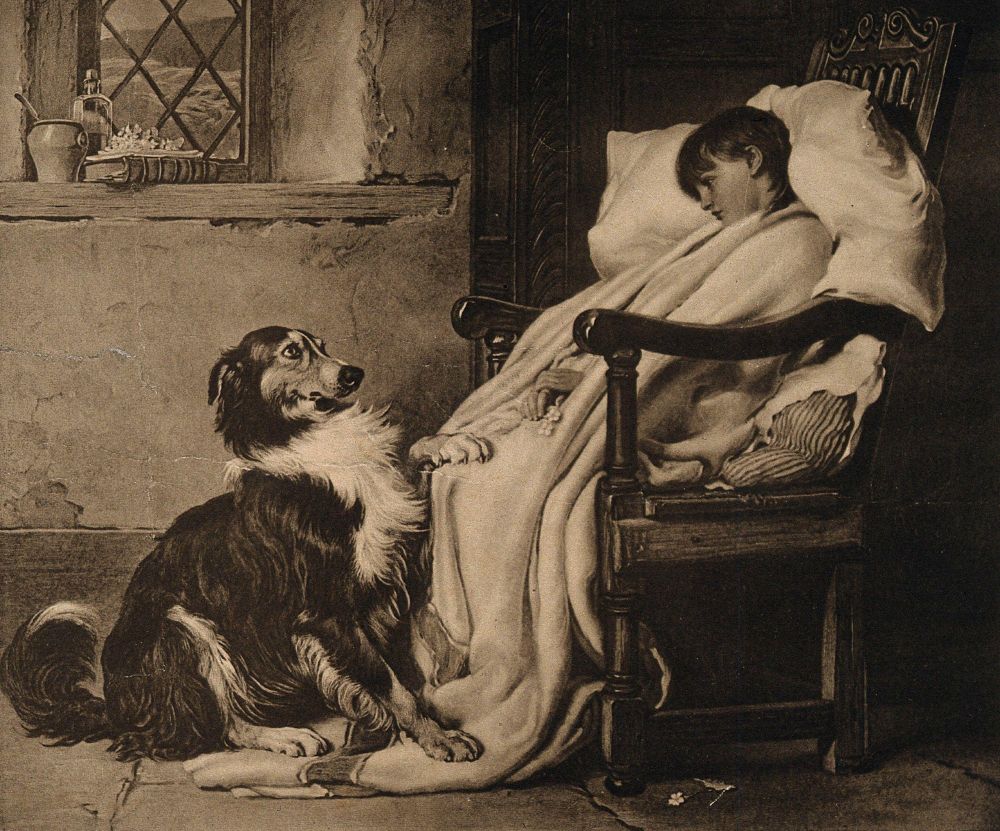Artwork titled 'Playfellows' depicting a sleeping child in a bed with a dog seated attentively beside them in a rustic room.

