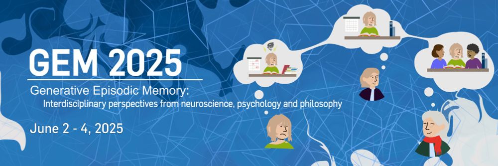 GEM 2025: Generative episodic memory: interdisciplinary perspectives from neuroscience, psychology and philosophy. June 2 - 4, 2025. Graphic shows a person remembering the same event at different times in their life and illustrates how memories change over time. In this case the person remembers studying as a university student.