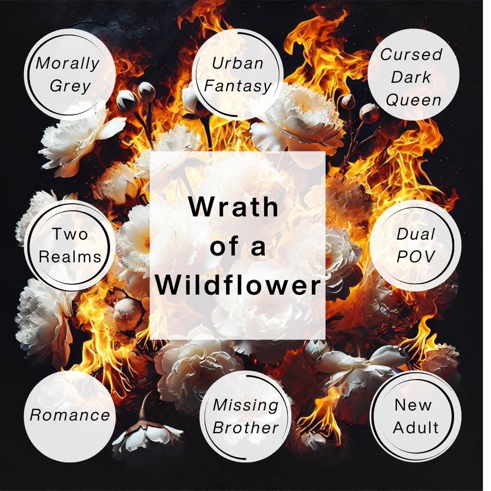 Title wrath of a wildflower surrounded by blurbs that describe the book: Morally grey, urban fantasy, cursed dark queen's, two reals, dual pov, romance, missing brother, new adult