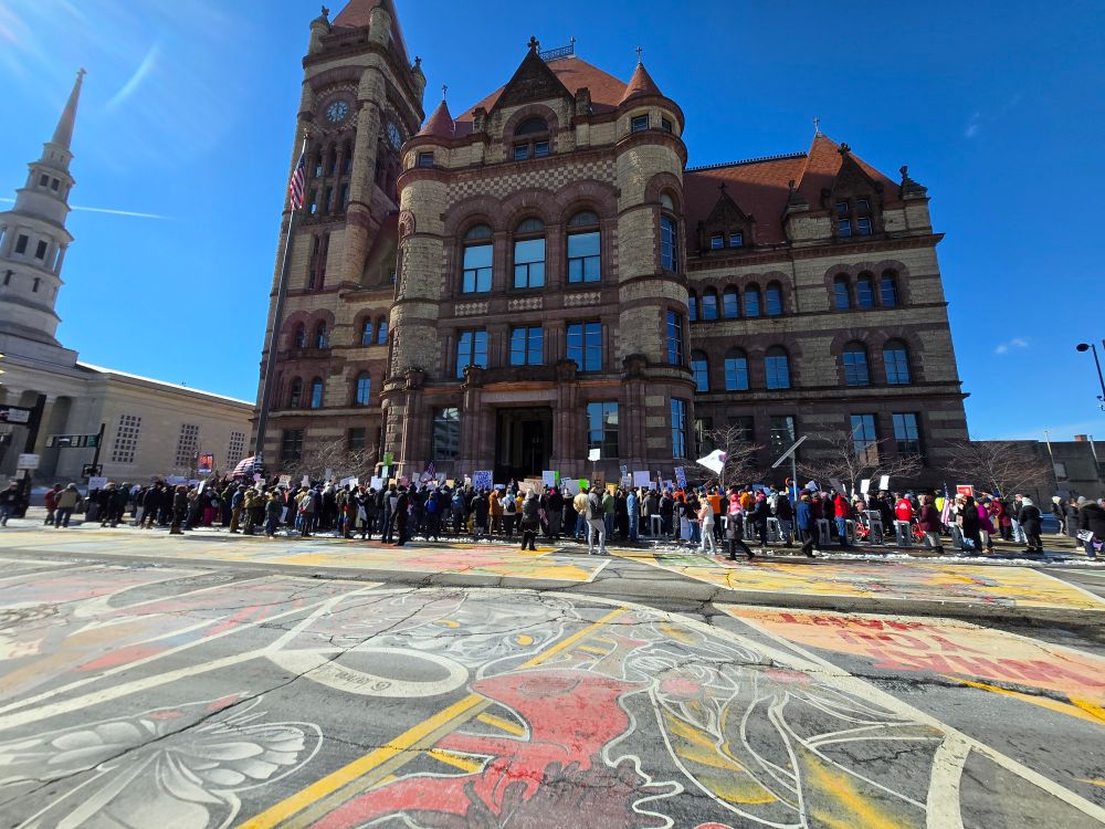 A group of protesters in front of Cincinnati city hall