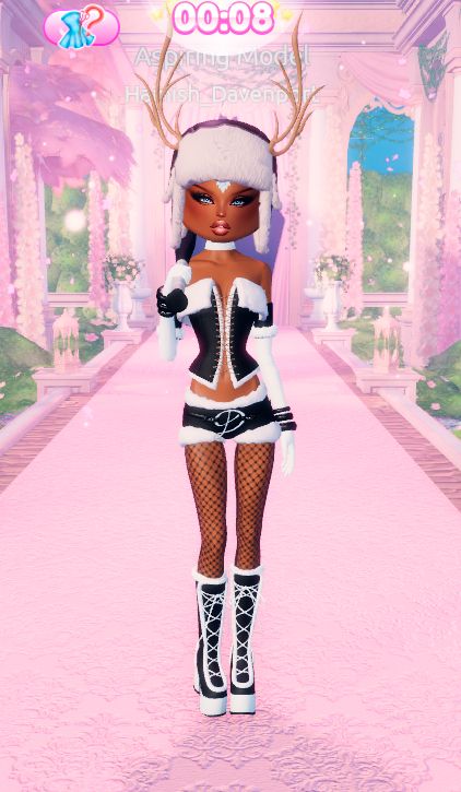 A roblox fashion model in a corset, shorts, boots and winter hat. She is wearing gloves that go above her elbows and thick bracelets. Her entire outfit is black with white fur/fleece trim and the hat has tall antlers coming from it.
