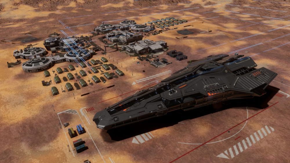 A matte black Federal Corvette from Elite Dangerous landed at a small outpost on a brown and dusty alien world.
