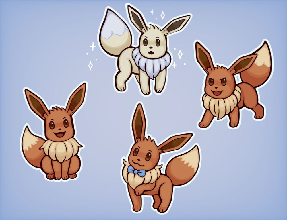 There are four individual eevees drawn on the page. Starting on the bottom left there’s a male eevee politely sitting and smiling at the camera, on the bottom center there’s an eevee standing with his right paw raised and styling light blue bow, in the top right corner there’s a female eevee striking a battle ready pose and a determined look in her eyes, and finally in the top center there’s a shiny female eevee in awe of how sparkly she is