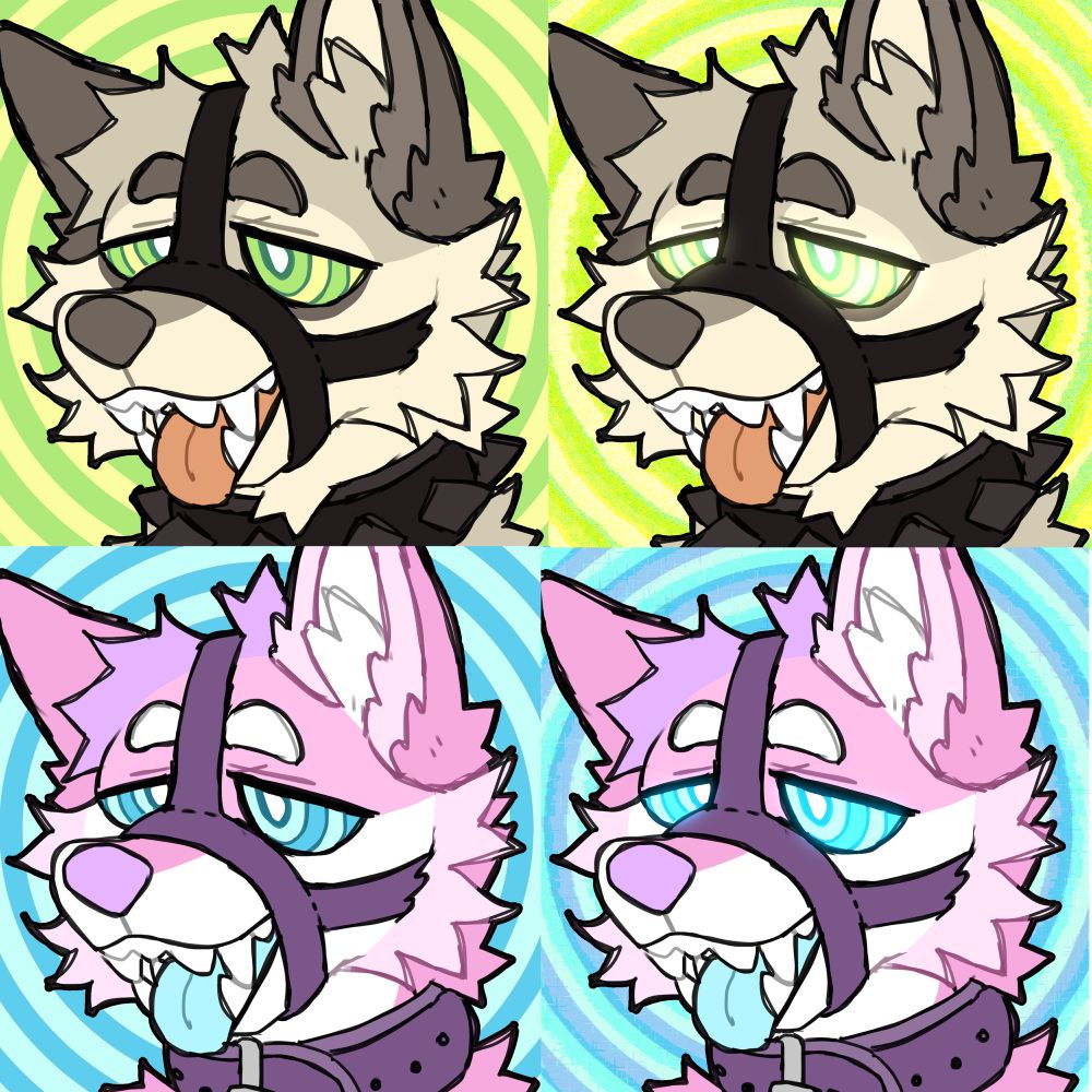four images of dogs wearing collars and muzzle harnesses. two images on top is a cream colored dog with a black harness, black spiked collar, and hypnotic green eyes on a green spiral background. two images on the bottom is a pink dog with a purple harness, ordinary purple collar, and hypnotic blue eyes on a blue spiral background. both dogs have their mouth open with tongue hanging out.