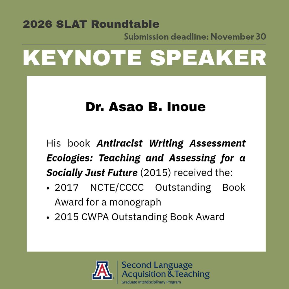 Olive background, same header. White text box with: “Dr. Asao B. Inoue. His book Antiracist Writing Assessment Ecologies: Teaching and Assessing for a Socially Just Future (2015) received the 2017 NCTE/CCCC Outstanding Book Award for a monograph and the 2015 CWPA Outstanding Book Award.” SLAT logo at bottom center.
