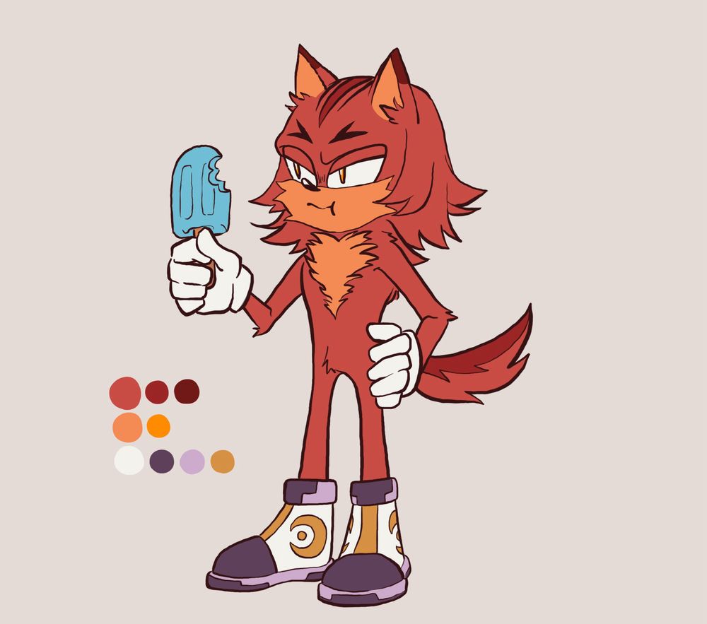 An unnamed dusty-red dingo OC stands in the dreaded character-design void, eating a blue popsicle with the other hand on his hip. He has darker red fur in stripes on his forehead, at tips of his ears, and the top layer of his tail. He has very dark brown fur mimicking the shapes of hook-like eyebrows above his eyes. He is wearing lilac, white, and gold sneakers, with gold crescent moon emblems on the sides. You can tell by looking at him that he seems chill and… you really dig his vibe.