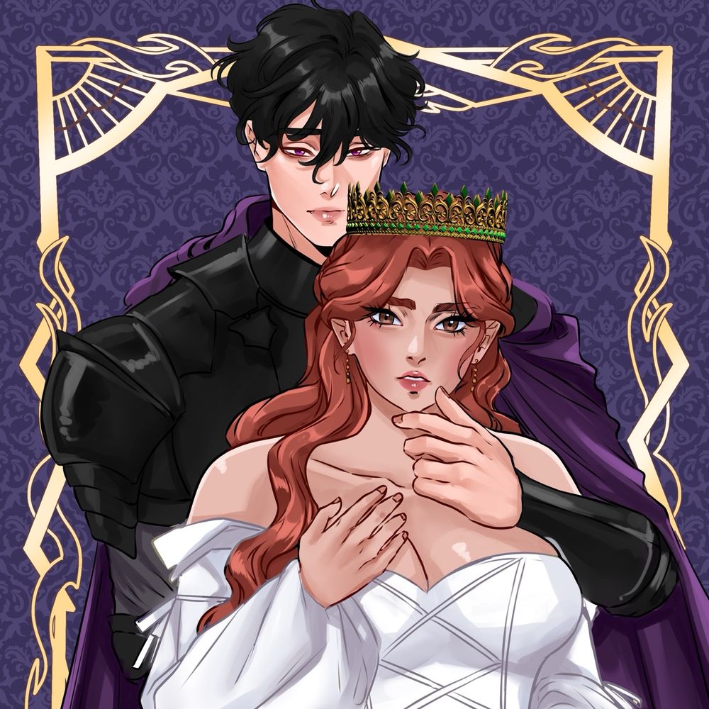 Commissioned art of Odessa and Gilbert. She wears a long off the shoulder lantern sleeve wedding gown and a golden crown. Her wavy red hair rests just below her waist. Gilbert’s arms are wrapped around her, one hand lifting her chin, the other around her waist. He has short choppy black hair, and piercing violet eyes. He wears black royal armor, and a plum colored cloak. 