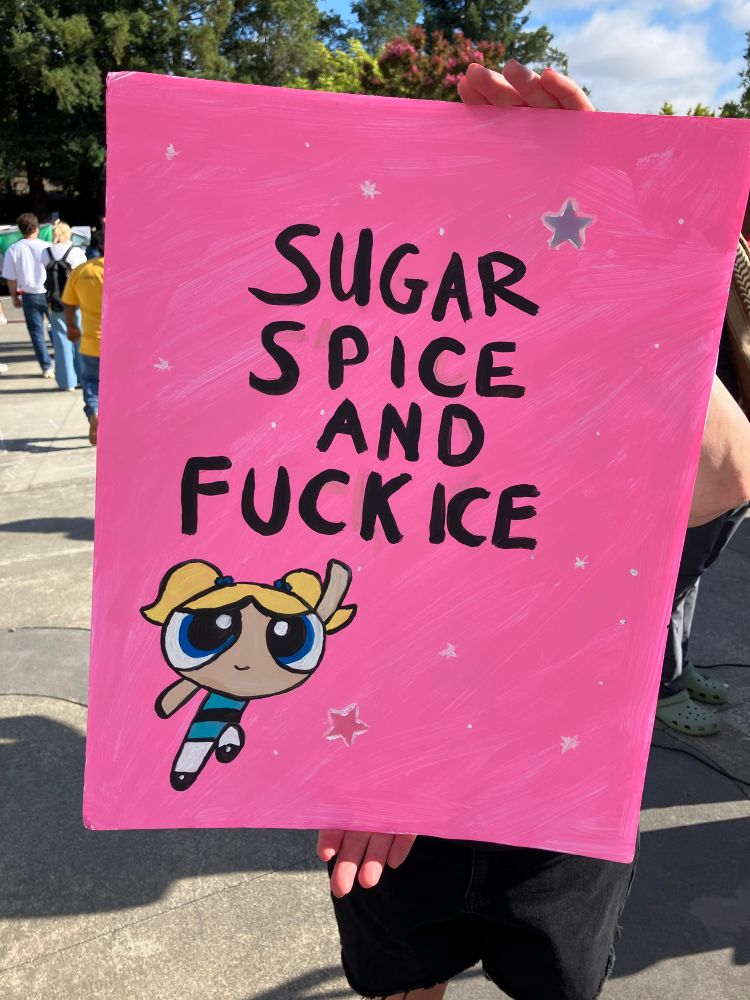 Pink sign with Powderpuff girl cartoon reading “Sugar, spice, and f**k ICE”