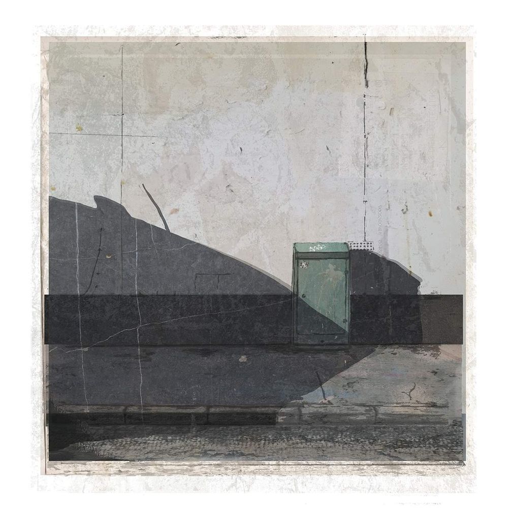 An artwork of an concrete wall with a small electrical box and a strong shadow. 
