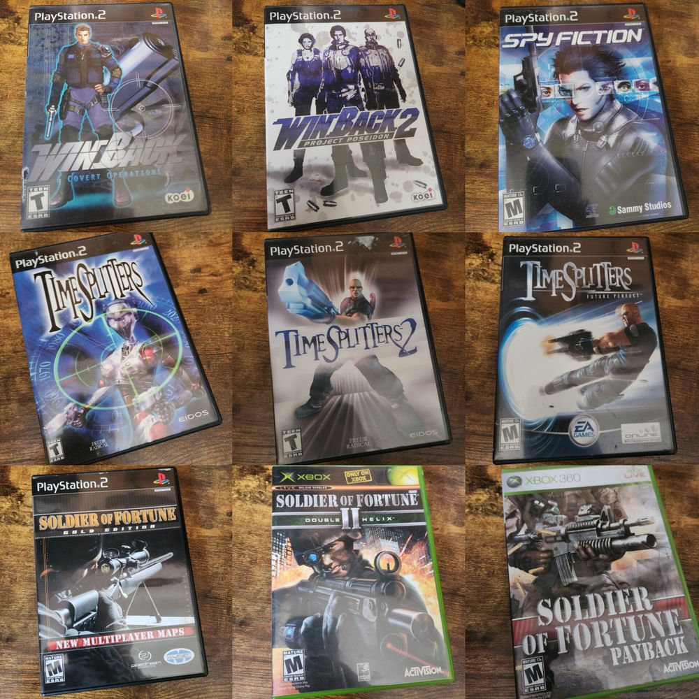 WinBack: Covert Operations (PS2)
WinBack 2: Project Poseidon(PS2)
Spy Fiction (PS2)
TimeSplitters (PS2)
TimeSplitters 2 (PS2)
TimeSplitters Future Perfect (PS2)
Soldier of Fortune Gold Ed. (PS2)
Soldier o.F. II: Double Helix (Xbox)
Soldier of Fortune Payback (360)
