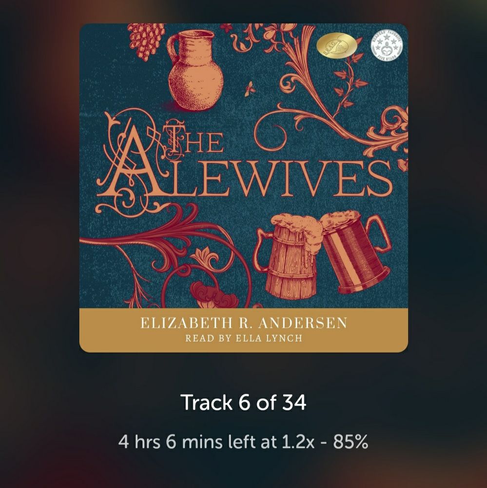 Screenshot of the audiobook cover for The Alewives by Elizabeth Andersen Blue background with brassy illustration of a pitcher and two frothing mugs.
