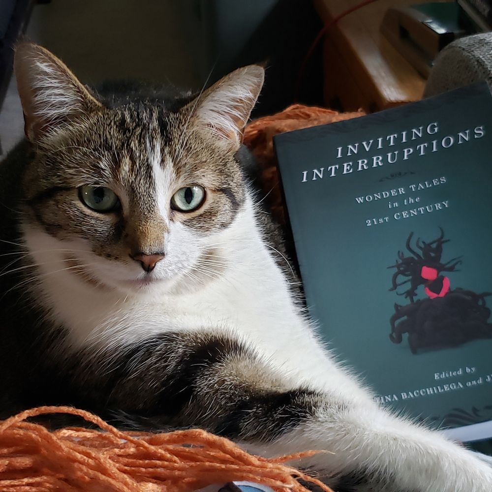 Brown, black, white tabby looking directly at camera with white paw stretched in front of a green book. Inviting Interruptions: Wonder Tales in the 21st Century. 