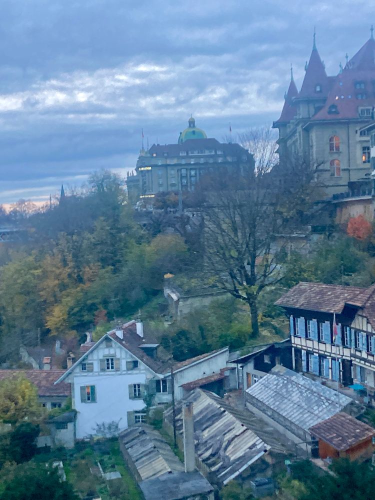 View of homes and buildings in Bern, Switzerland. Taken at twilight last November. Lots of trees and a cloudy sky. 