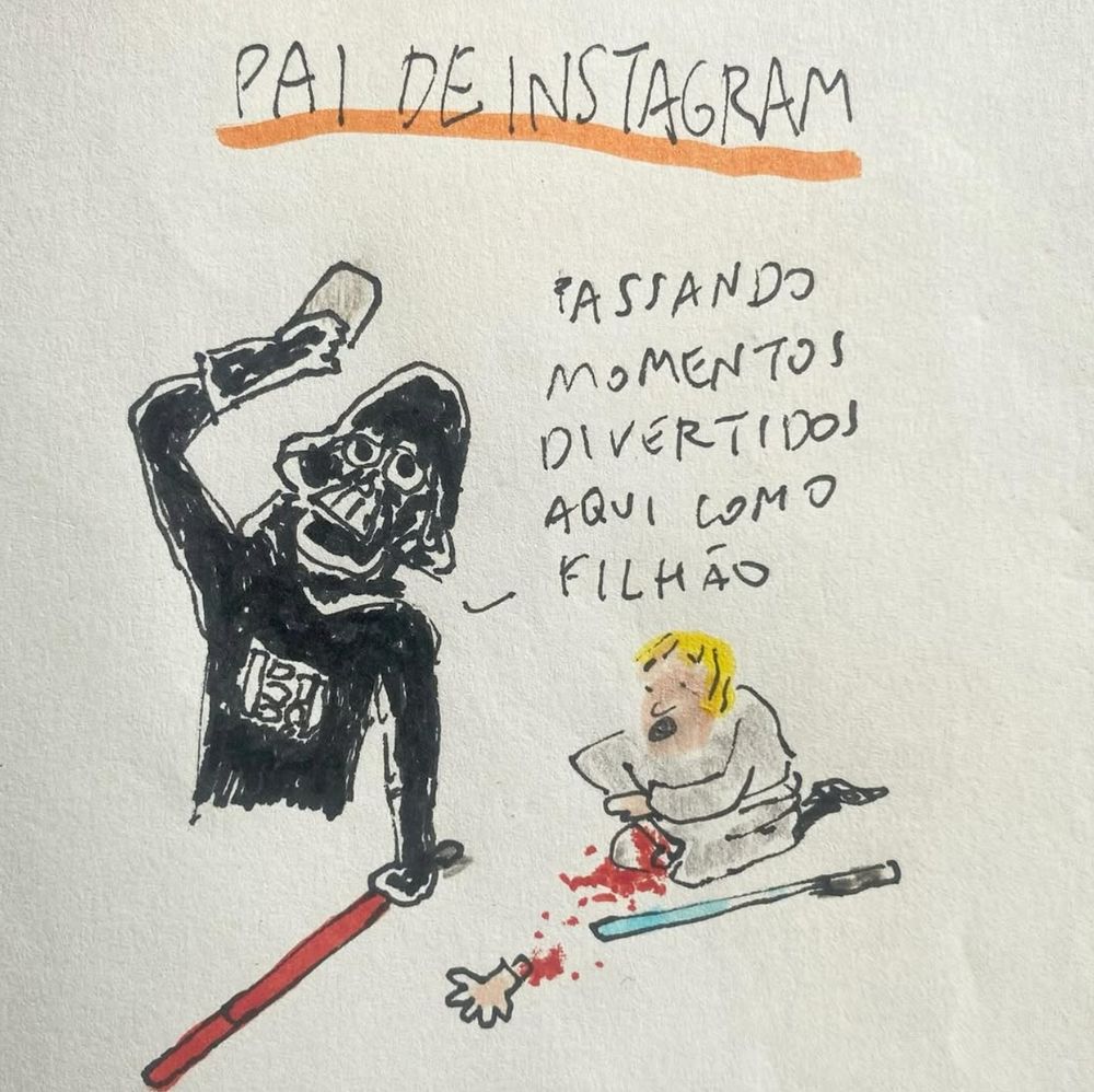 Cartum com a legenda "pai de instagram" e com o Darth Vader tirando uma selfie enquanto seu filho Luke lamenta sua mão cortada. Darth fala "Passando momentos divertidos aqui com o filhão"