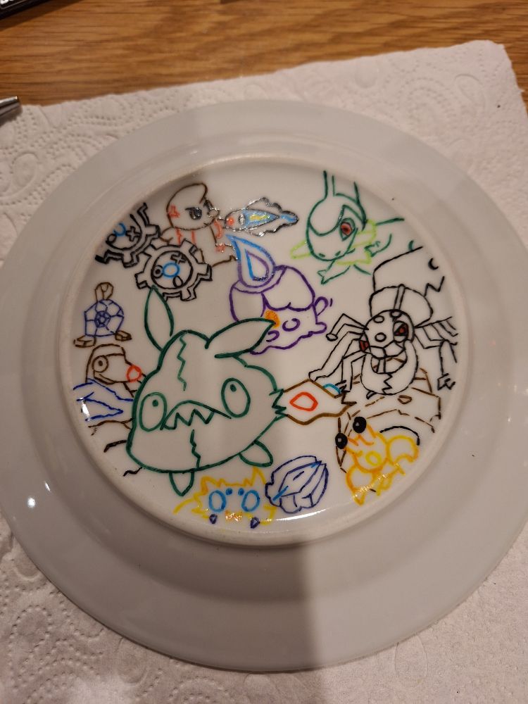 The bottom of a plate filled with Pokémon
