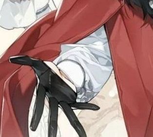 Official illustration of the TGCF Fantasia merch depicting Hua Cheng's hand in a black half-glove with white sleeve and a red cape