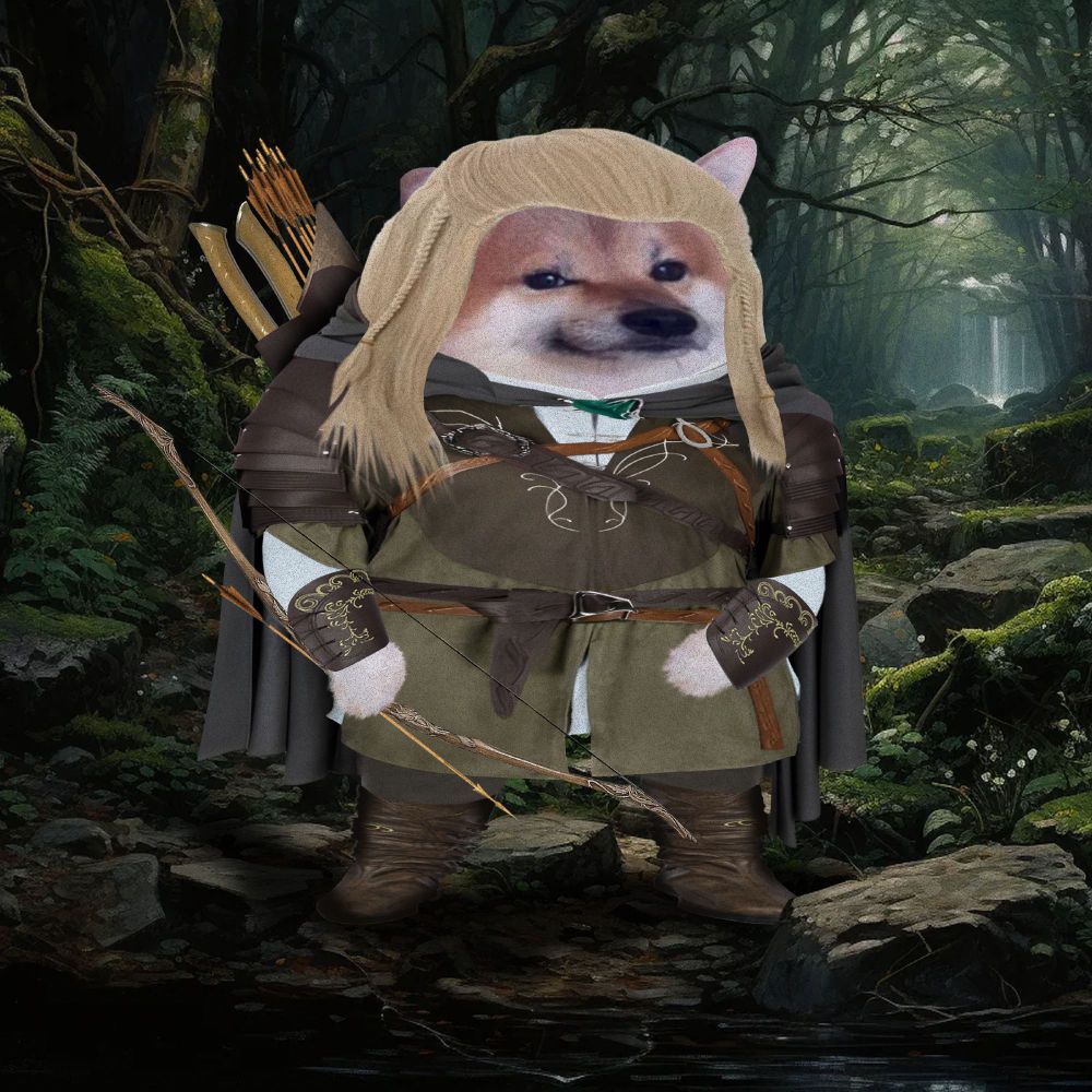 Legolas with bow as NAFO Shiba Fella, and a Mirkwood Forest background.
