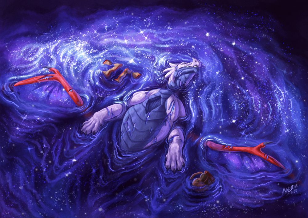 A purple dragon drifts in a sea of stars, floating just barely above the surface. He lies unconscious, his wings spread out and his body covered in bleeding cuts. The inside of his wings and the blood that seeps from him match the pattern of the stars in the sea he floats amidst. 

Floating next to him is his jacket and backpack, remnants from when he was human moments ago.
