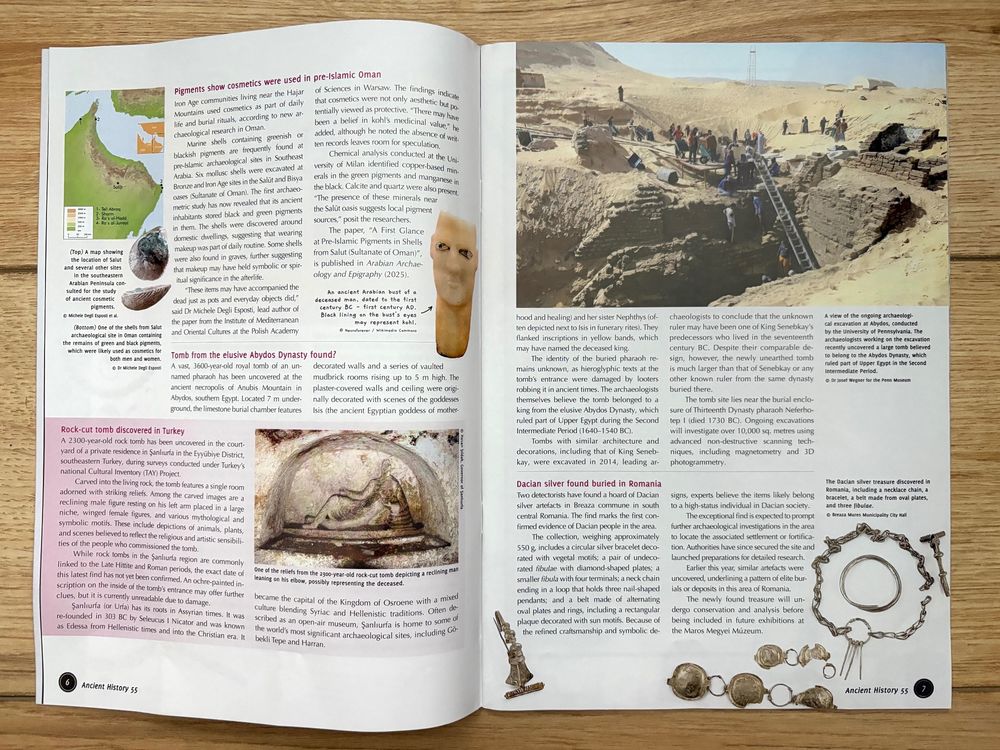 A glimpse of two of the four pages of news stories I reported for fab issue 55 of @ancienthistory.bsky.social magazine, which has just been published. Grab your copy now! #AncientBluesky