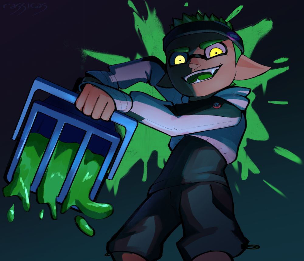 A green-ink, spiked-haired inkling boy imminently sloshing towards the camera with a sinister, smiling facial expression. His glowing, yellow eyes contrast with the darker lighting and tones for the art to generally appear edgy and terrifying.

He is backed by a green paint splatter, dripping downwards for the consistency to resemble blood.

Visible worn gear include a Tennis Headband, Penguin Bolero and Tri-Slosher Nouveau.